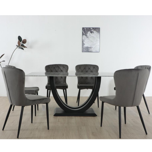 Luna Tempered Glass Dining Set with 6 Grey Chairs Ravensthorpe Home Centre