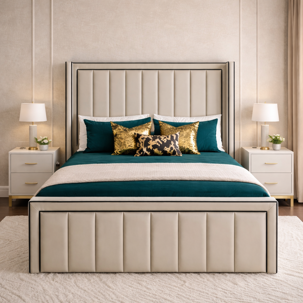 Michigan Wingback Bed with Black Piping with 54" High Headboard Ravensthorpe Home Centre