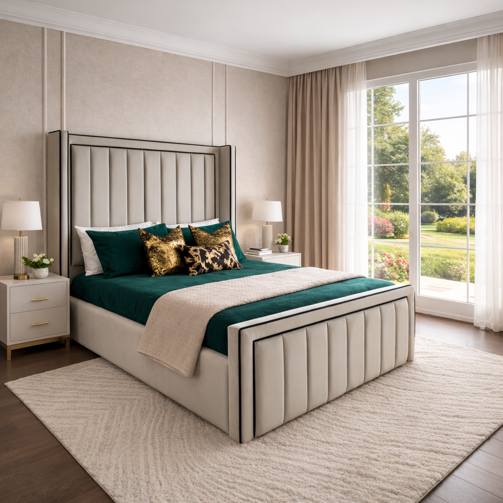Michigan Wingback Bed with Black Piping with 54" High Headboard Ravensthorpe Home Centre